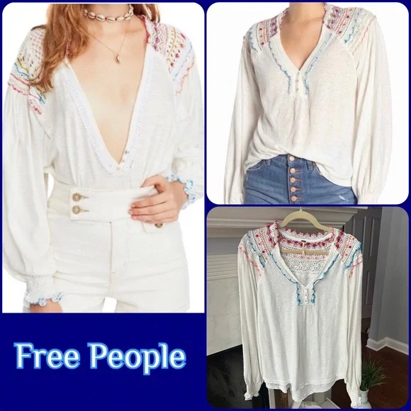 Free People Siesta Fiesta Embroidered Boho Knit Top Peasant Henley Med - Picture 1 of 12